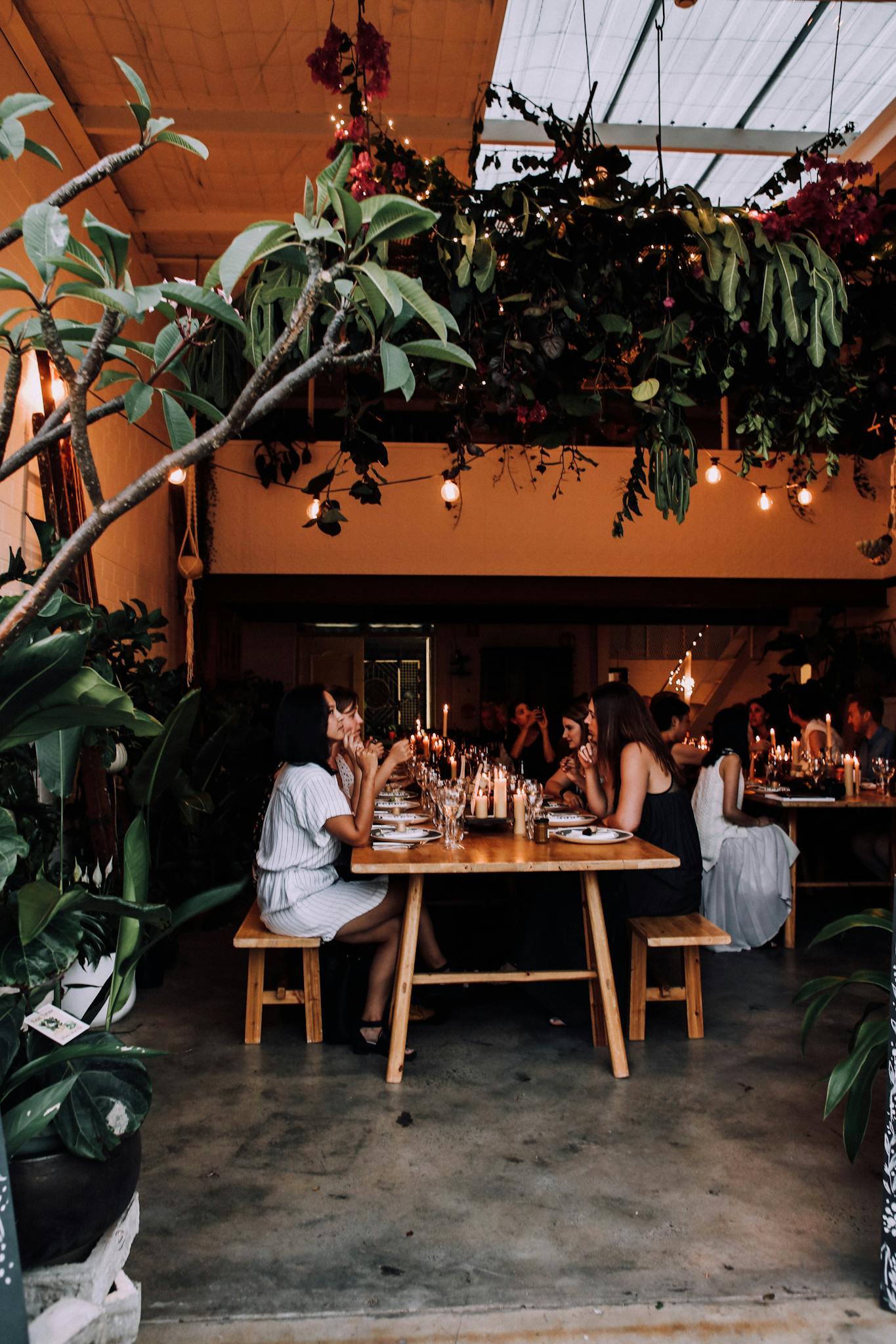 A group of friends enjoying a festive dinner at an elegantly decorated indoor venue.